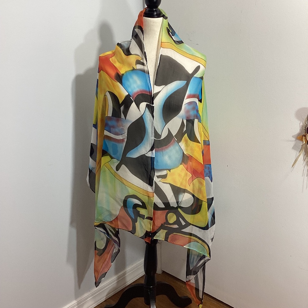VINTAGE WOMAN ART DECO 100% SILK SCARF CHIFFON WEIGHTLESS   WRAP 150"x35"